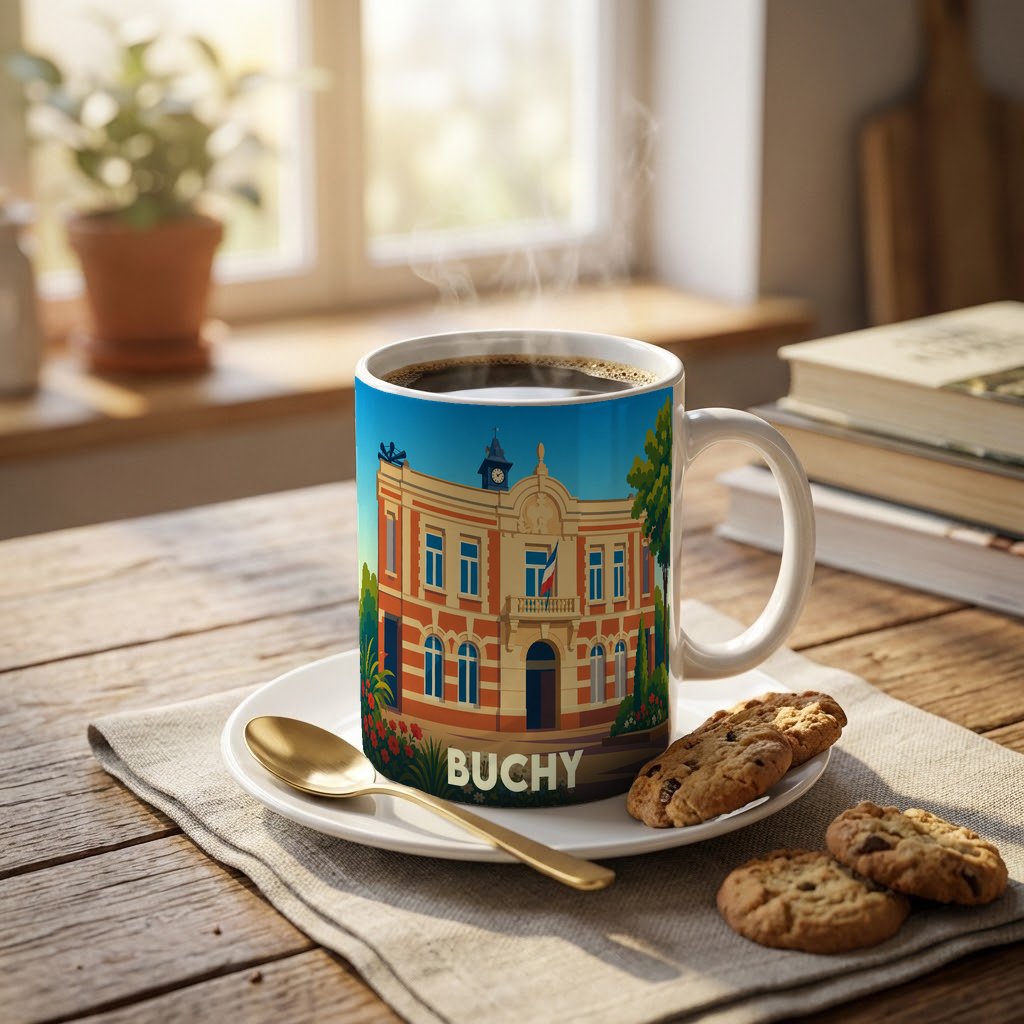 Mug souvenir de la ville de Buchy avec une illustration stylisée de son hôtel de ville.