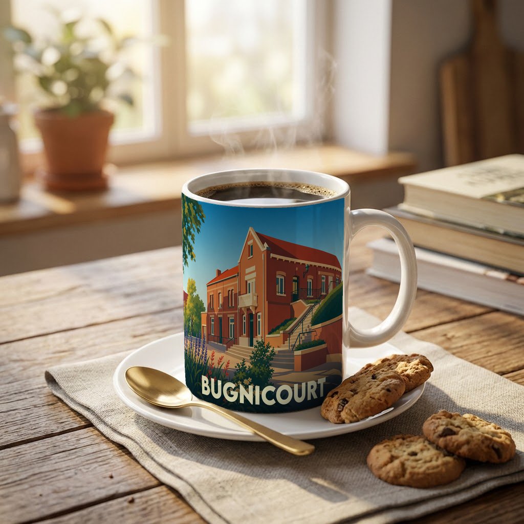Mug souvenir de la ville de Bugnicourt avec une illustration stylisée d'un bâtiment en briques rouges.