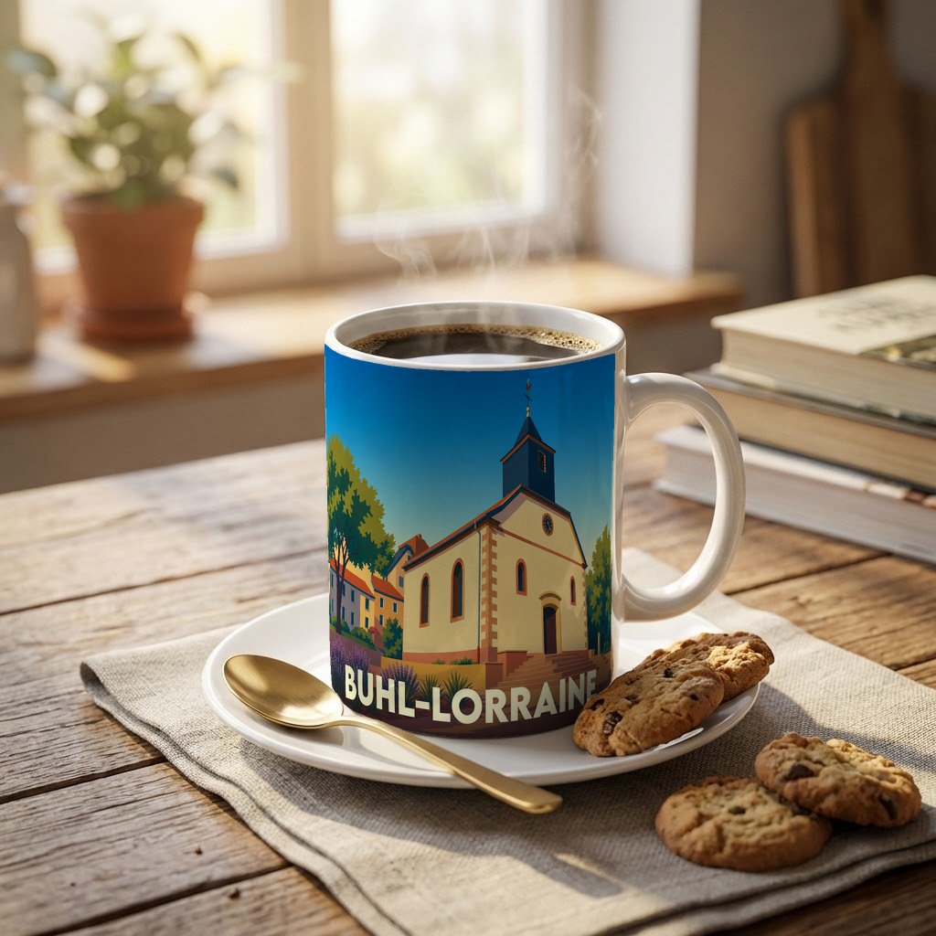 Mug souvenir de la ville de Buhl-Lorraine avec une illustration stylisée d'une église locale.