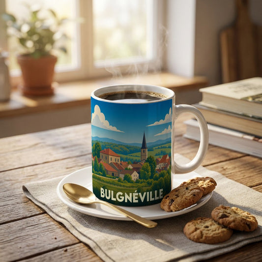 Mug souvenir de la ville de Bulgnéville avec une illustration stylisée d'un paysage urbain.