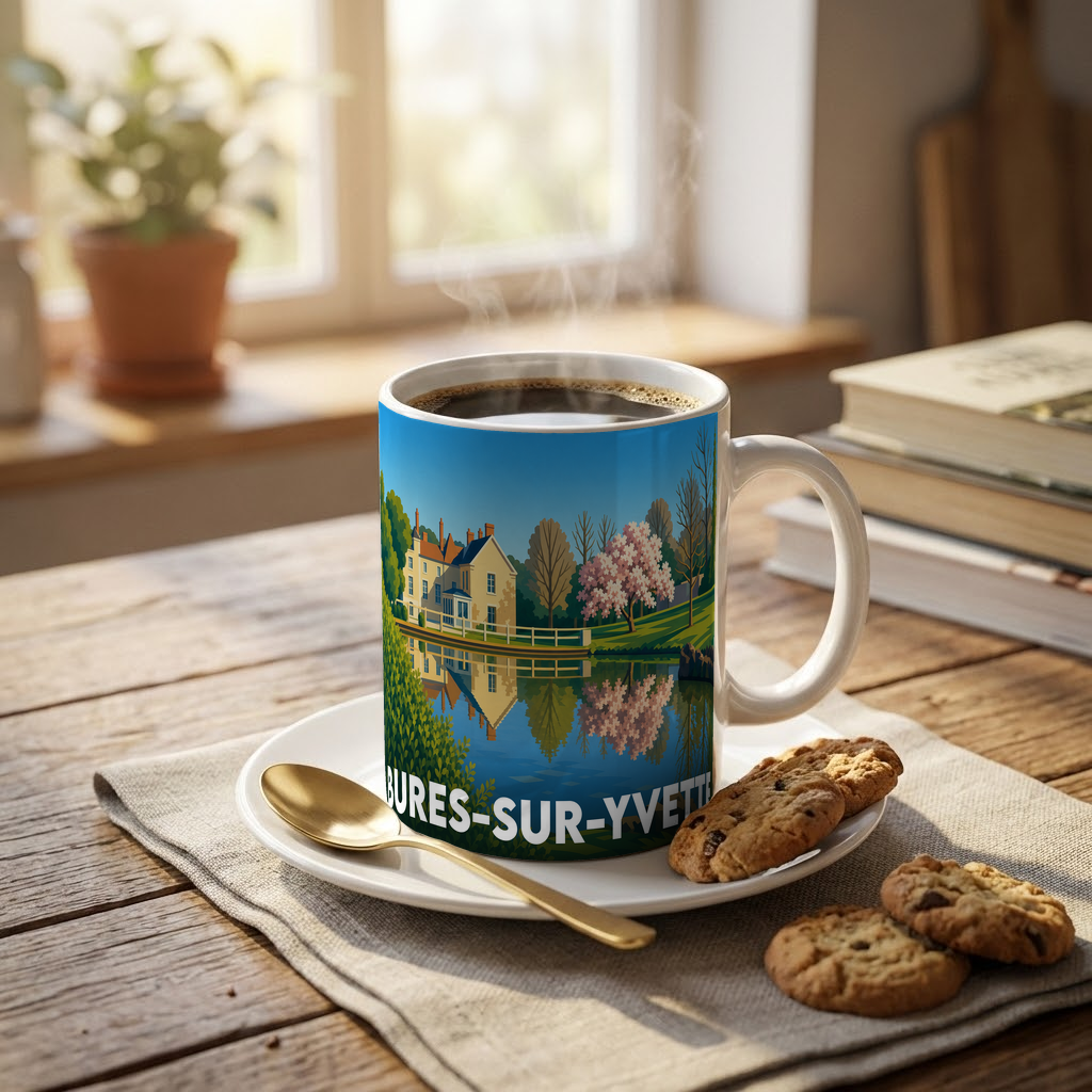 Mug souvenir de la ville de Bures-sur-Yvette orné d'une illustration stylisée représentant un paysage bucolique au bord de l'eau.