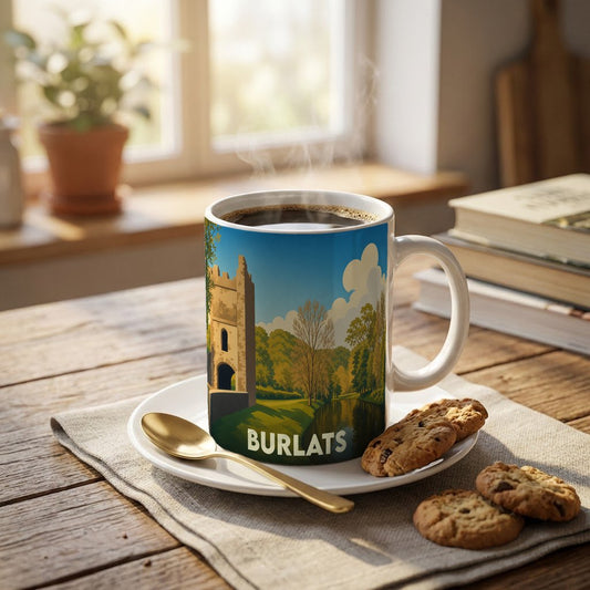 Mug souvenir de la ville de Burlats avec une illustration stylisée représentant son patrimoine historique et naturel.