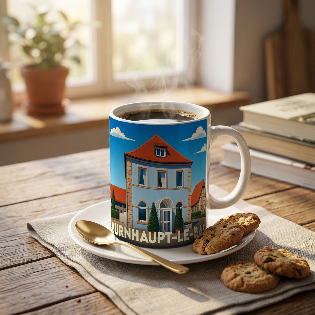 Mug souvenir de la ville de Burnhaupt-le-Bas avec une illustration stylisée d'un bâtiment emblématique.
