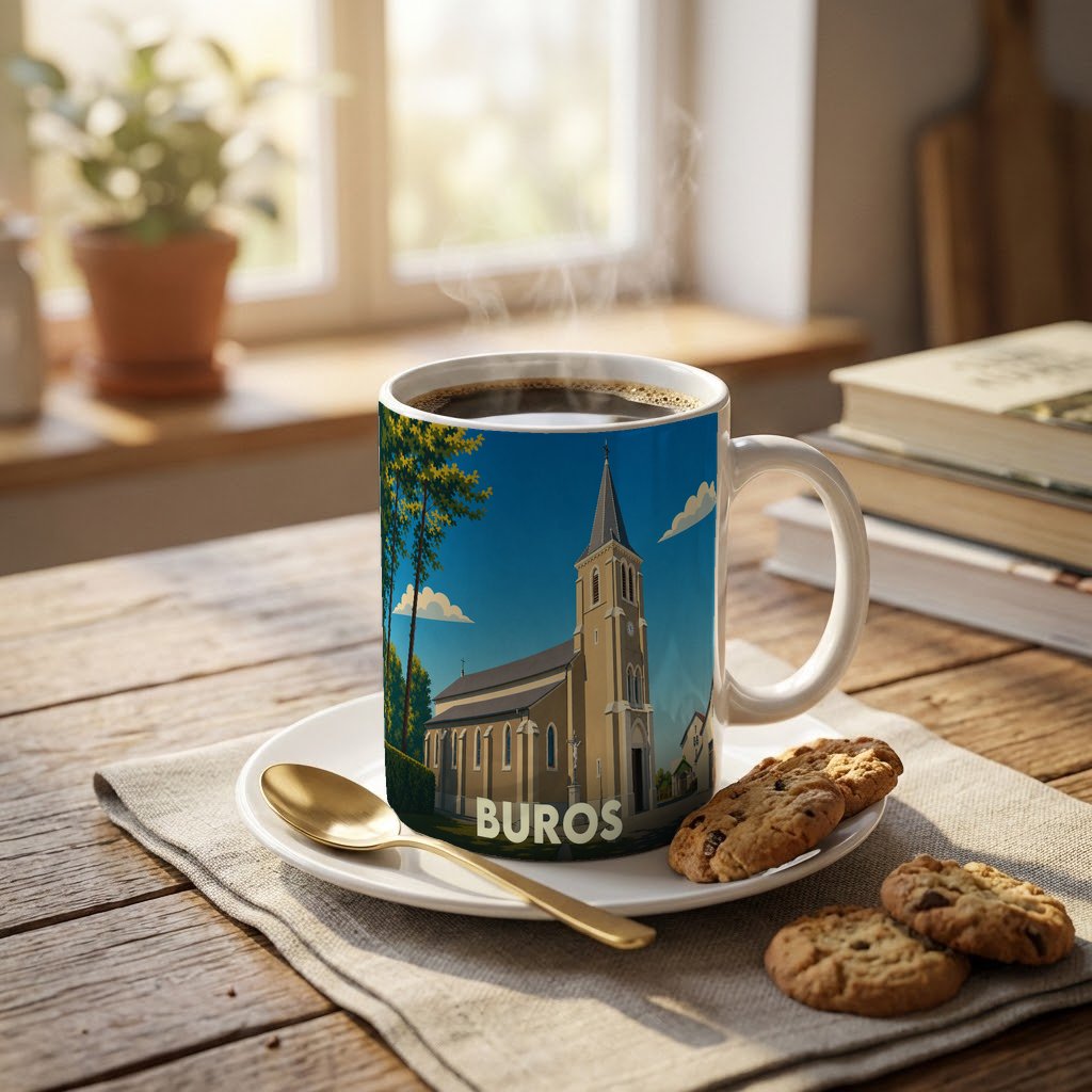Mug souvenir de la ville de Buros illustré d'une église stylisée sous un ciel bleu.