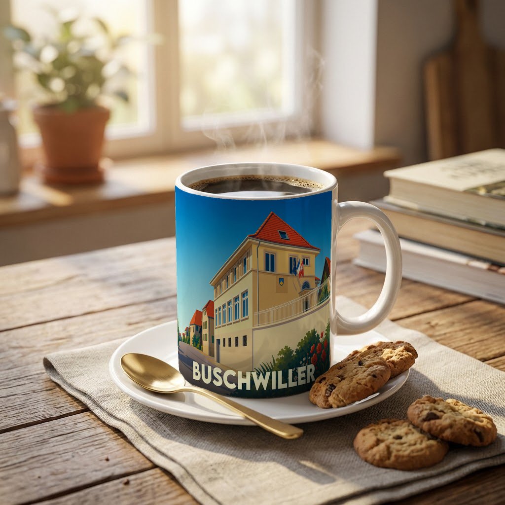 Mug souvenir de la ville de Buschwiller orné d'une illustration stylisée de son architecture locale.