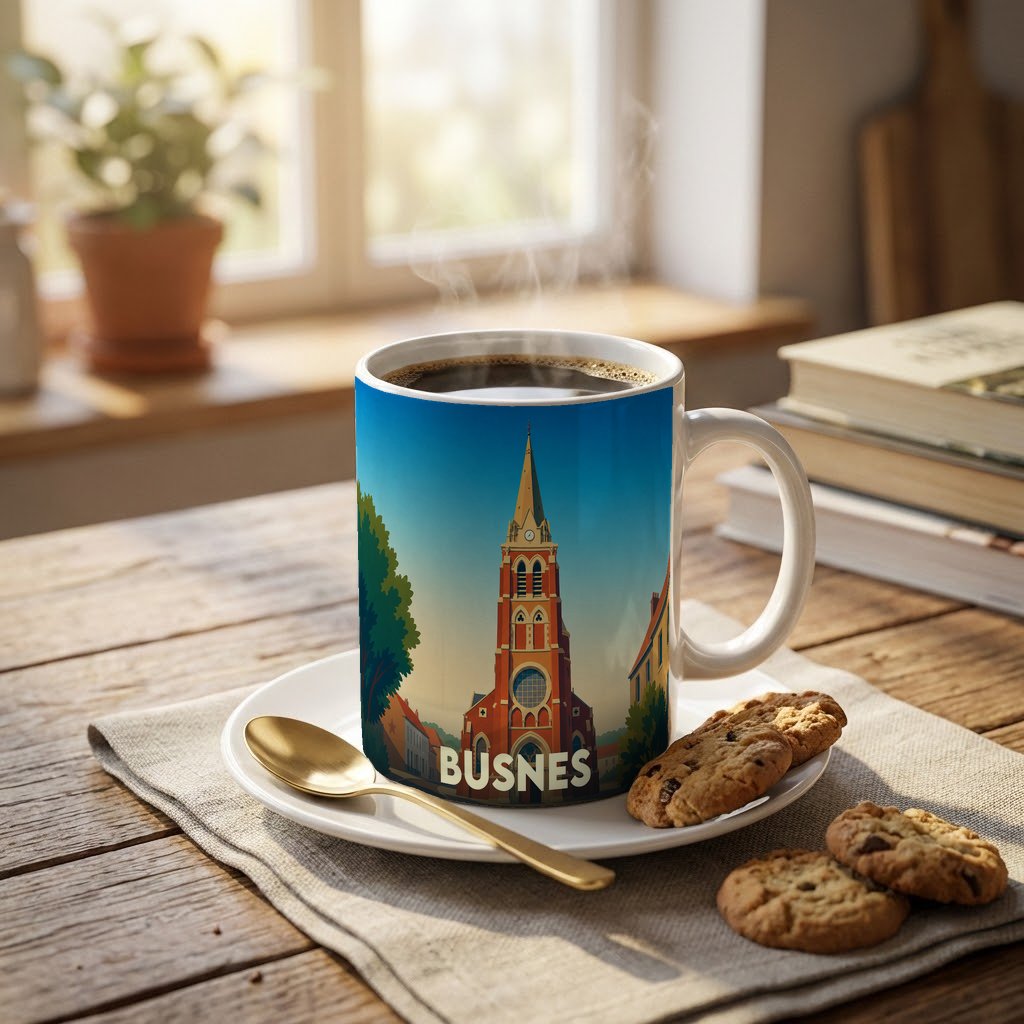 Mug souvenir de la ville de Busnes avec une illustration stylisée de son église.