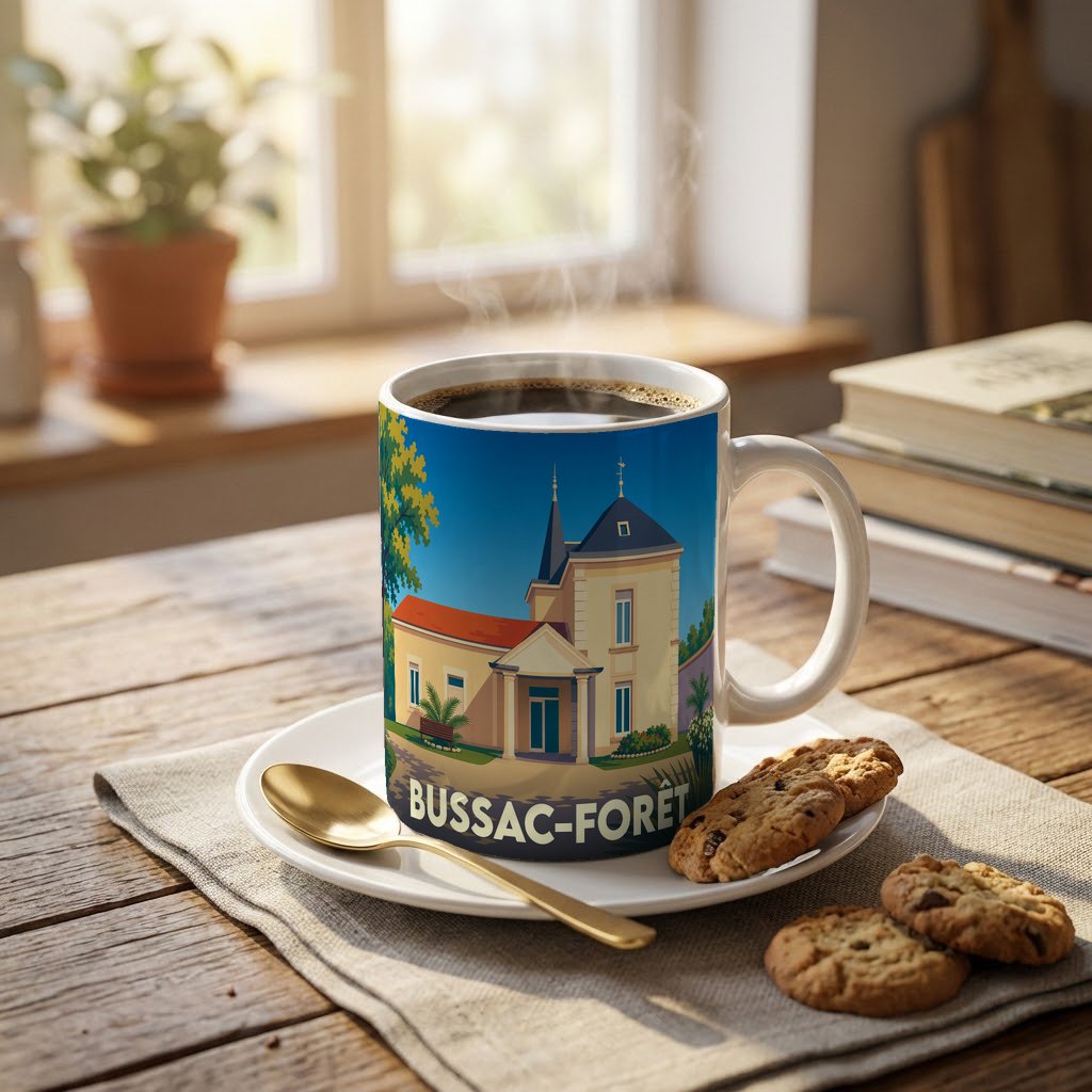 Mug souvenir de la ville de Bussac-Forêt orné d'une illustration stylisée de sa mairie.