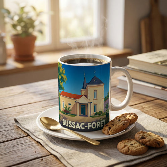 Mug souvenir de la ville de Bussac-Forêt orné d'une illustration stylisée de sa mairie.