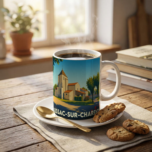 Mug souvenir de la ville de Bussac-sur-Charente avec une illustration stylisée de son église.