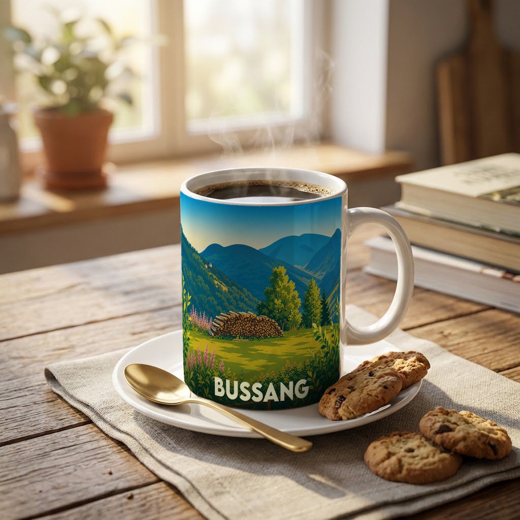 Mug souvenir de la ville de Bussang avec une illustration stylisée de paysages montagneux.