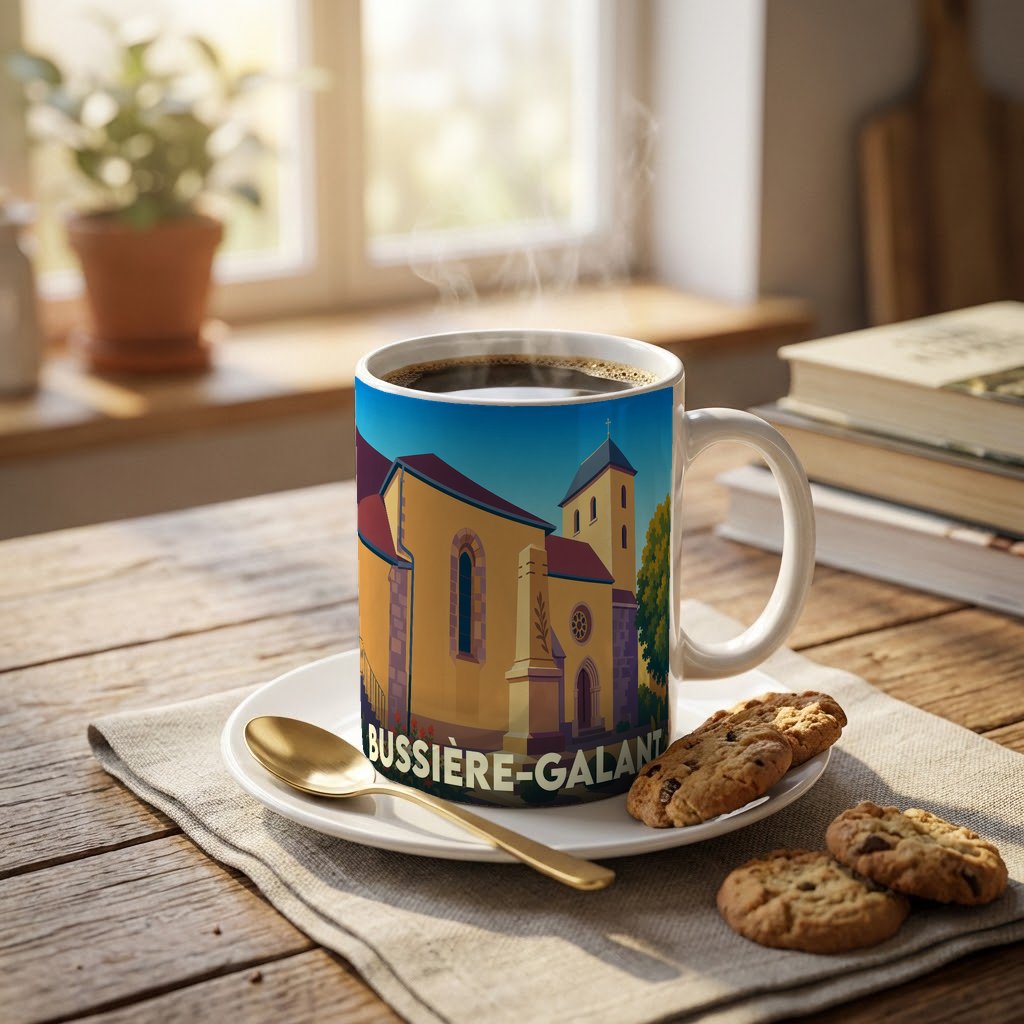 Mug souvenir de la ville de Bussière-Galant orné d'une illustration stylisée de son église.