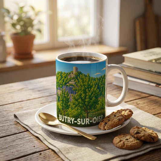 Mug souvenir de la ville de Butry-sur-Oise avec une illustration stylisée d'un château boisé.