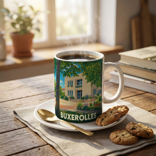 Mug souvenir de la ville de Buxerolles orné d'une illustration stylisée de l'hôtel de ville.