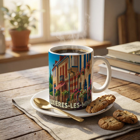 Mug souvenir de la ville de Buxières-les-Mines avec une illustration colorée et stylisée de ses rues.