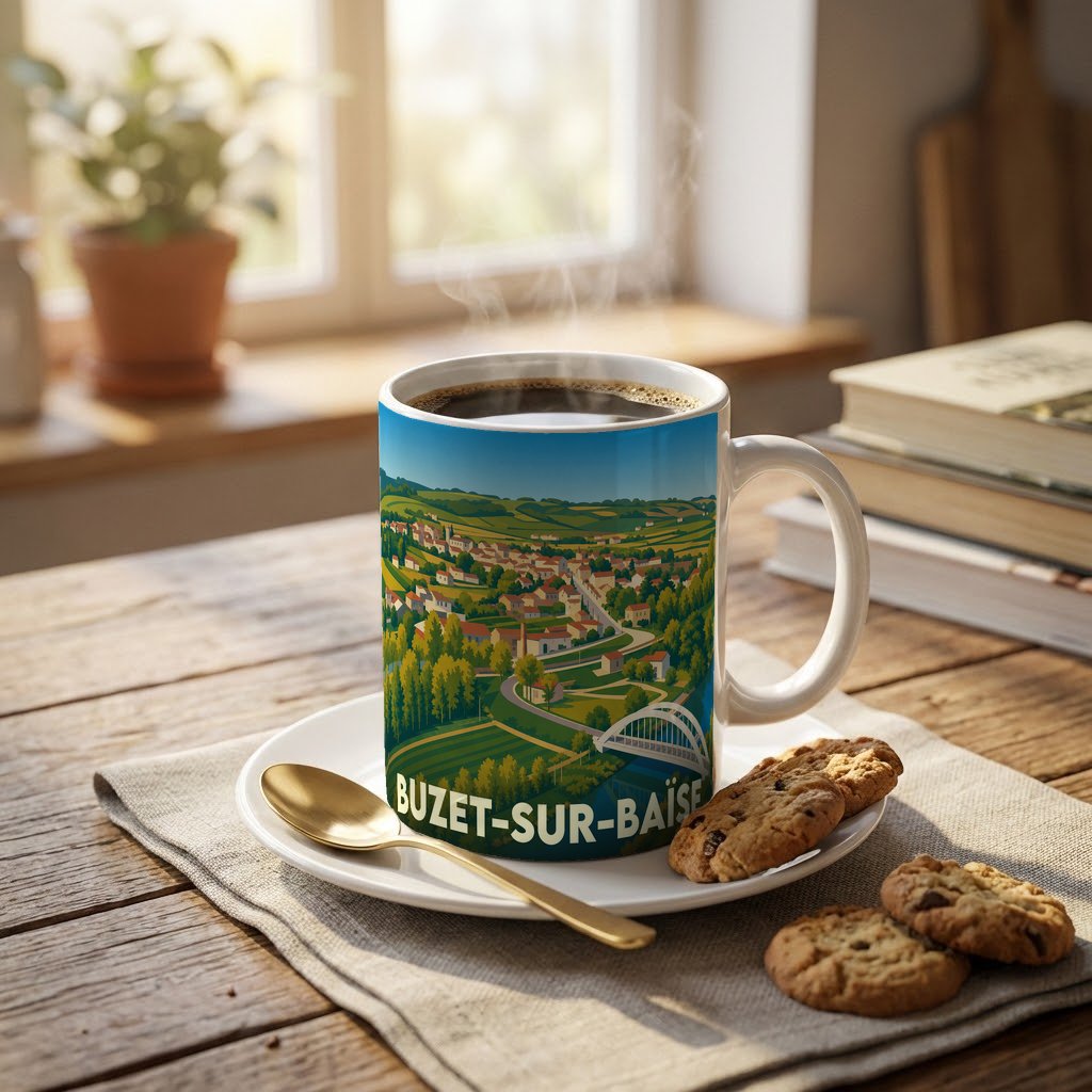 Mug souvenir de la ville de Buzet-sur-Baïse avec une illustration stylisée d'un paysage vallonné.