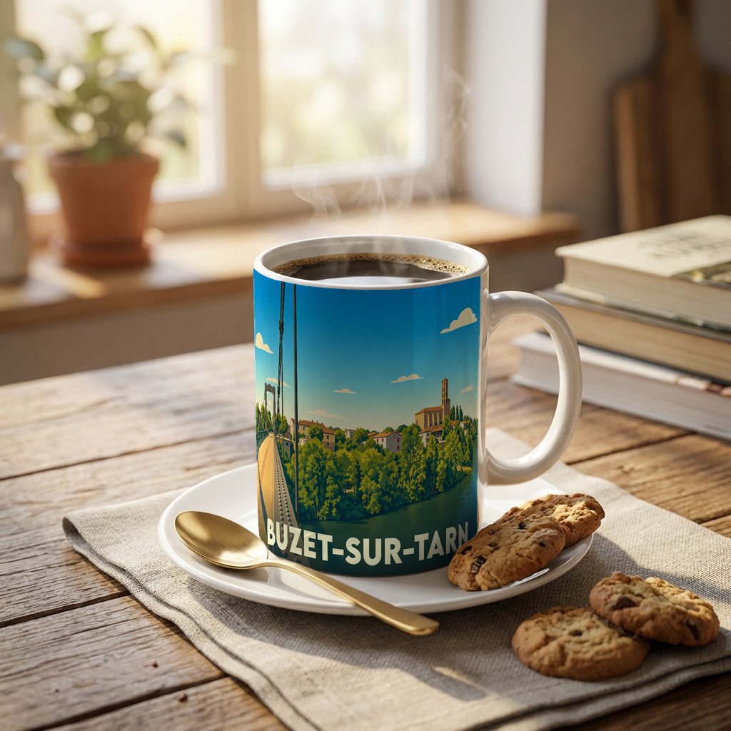 Mug souvenir de la ville de Buzet-sur-Tarn orné d'une illustration stylisée de son pont et de son église.