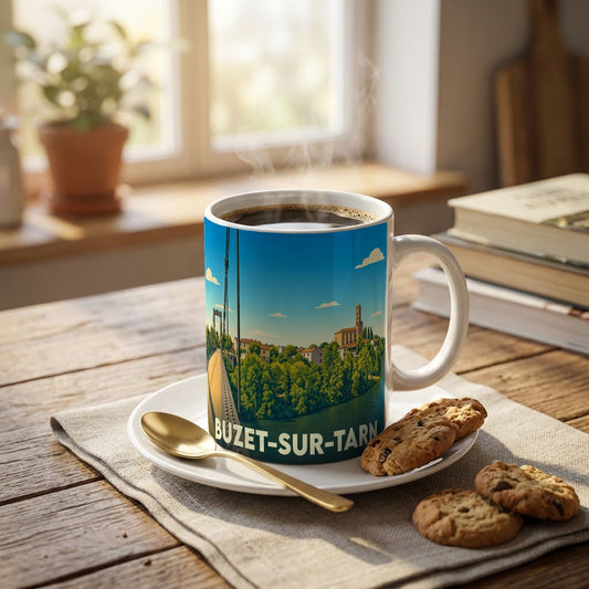 Mug souvenir de la ville de Buzet-sur-Tarn orné d'une illustration stylisée de son pont et de son église.