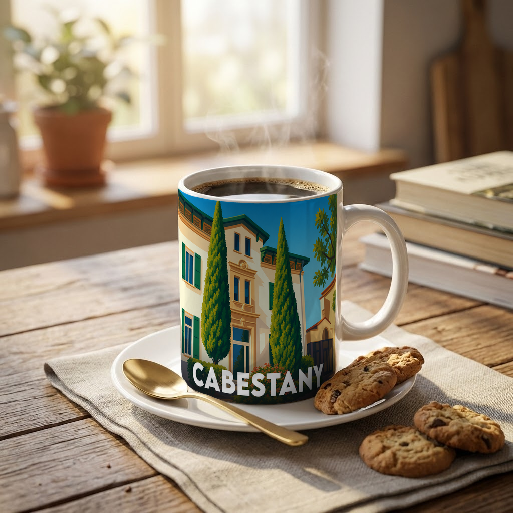 Mug souvenir de la ville de Cabestany orné d'une illustration stylisée de ses bâtiments et cyprès.