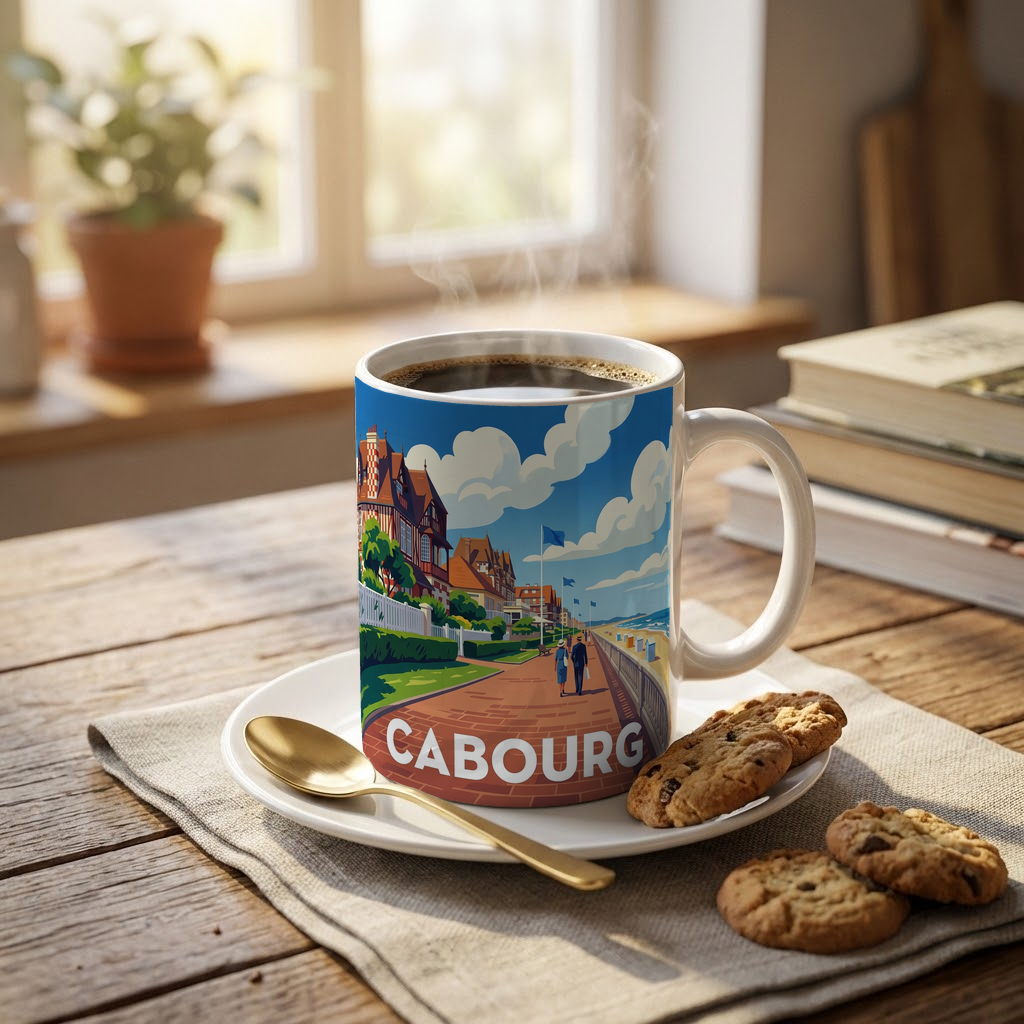Mug souvenir de la ville de Cabourg avec une illustration stylisée de son front de mer.
