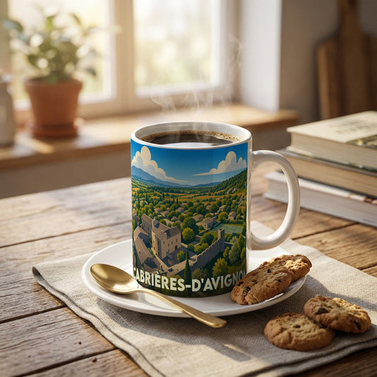 Mug souvenir de la ville de Cabrières-d'Avignon orné d'une illustration panoramique stylisée.