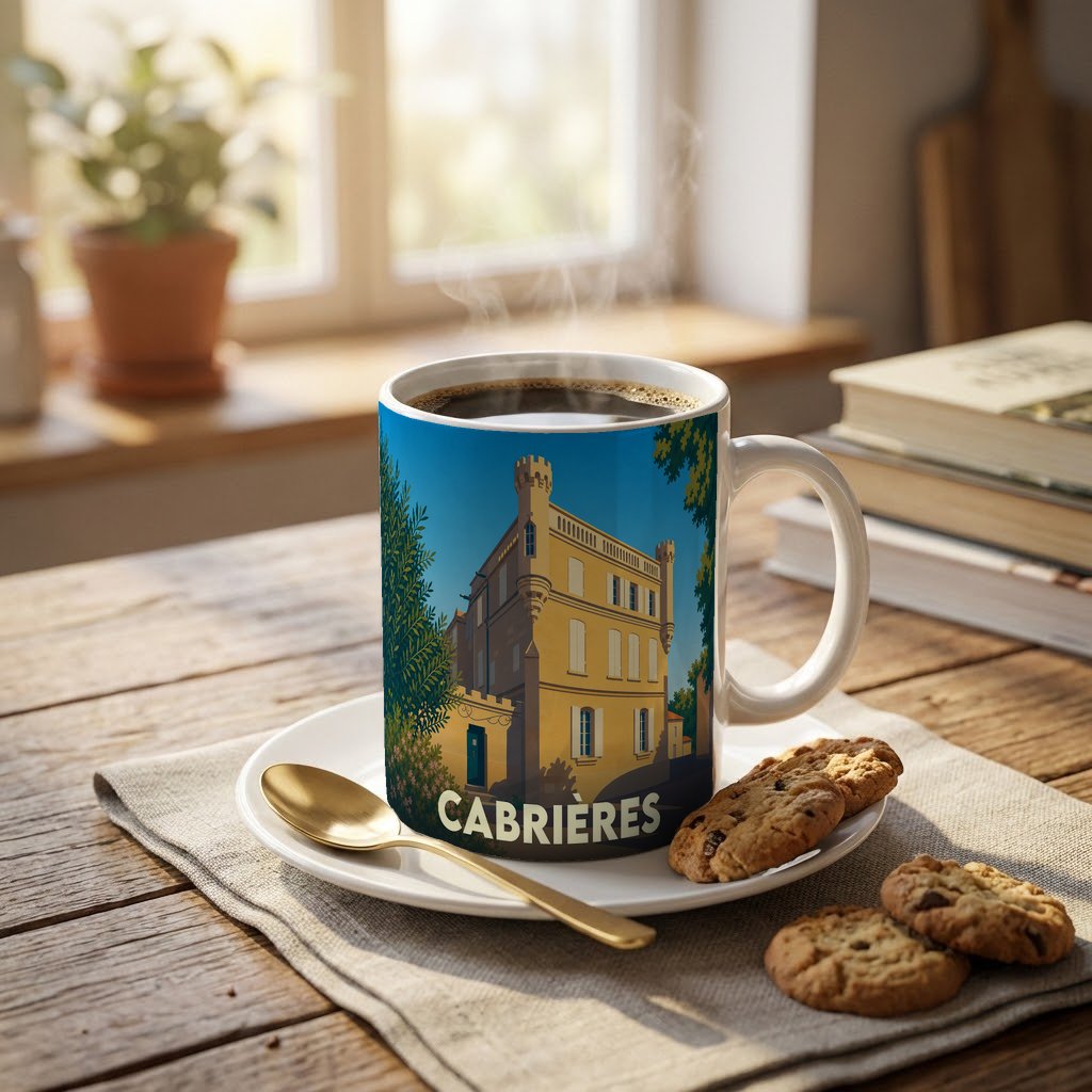 Mug souvenir de la ville de Cabrières avec une illustration stylisée d'un bâtiment historique.