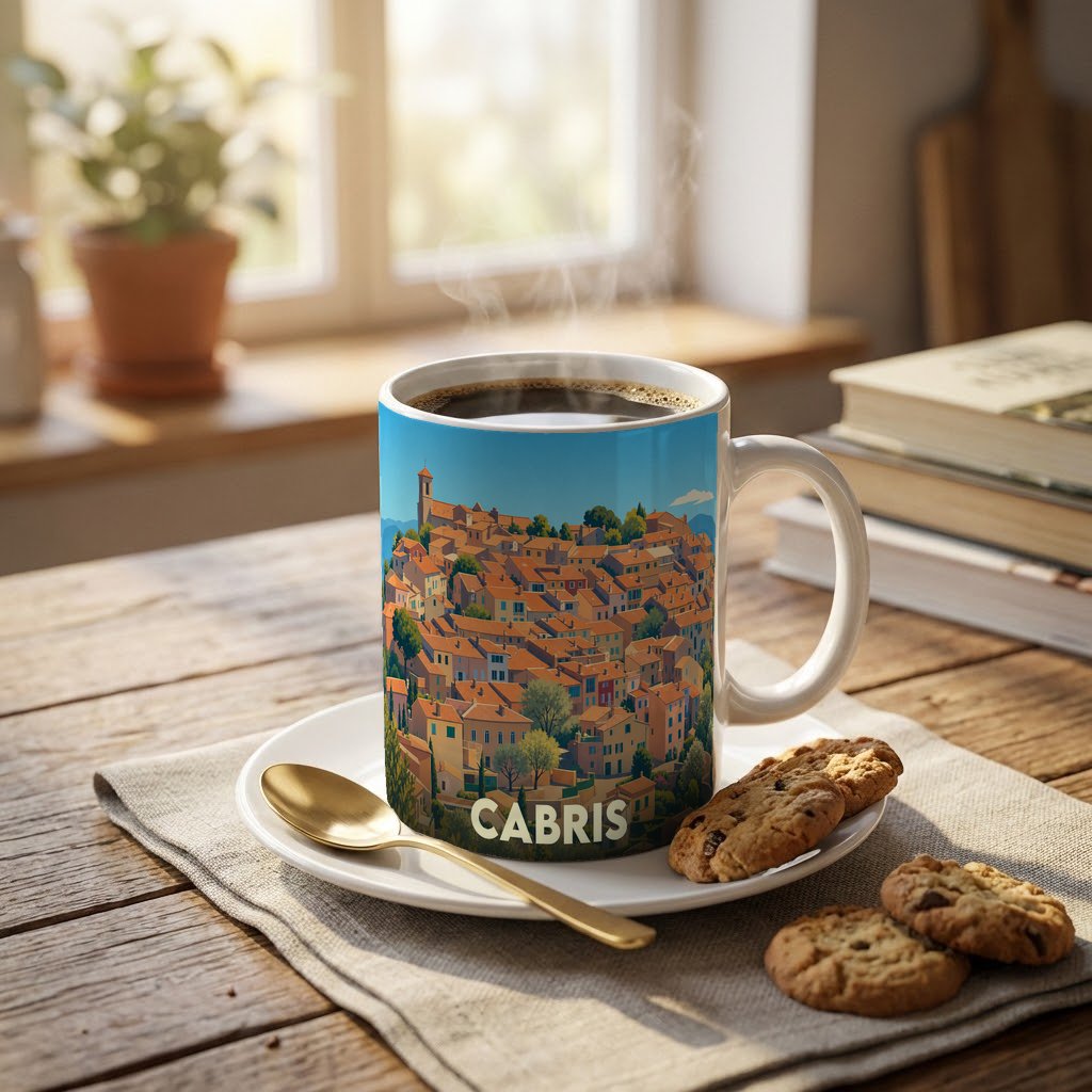 Mug souvenir de la ville de Cabris arborant une illustration stylisée du village perché.
