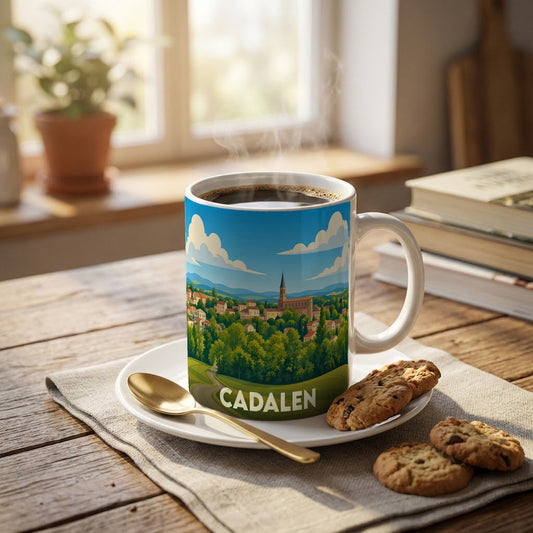Mug souvenir de la ville de Cadalen orné d'une illustration paysagère stylisée.