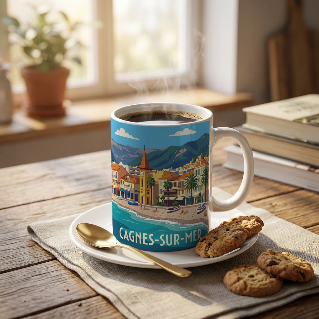Mug souvenir de la ville de Cagnes-sur-Mer avec une illustration stylisée de son front de mer.