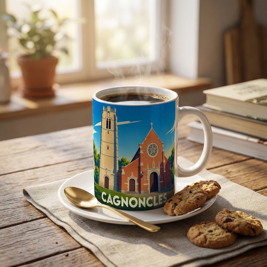 Mug souvenir de la ville de Cagnoncles avec une illustration stylisée de son église.