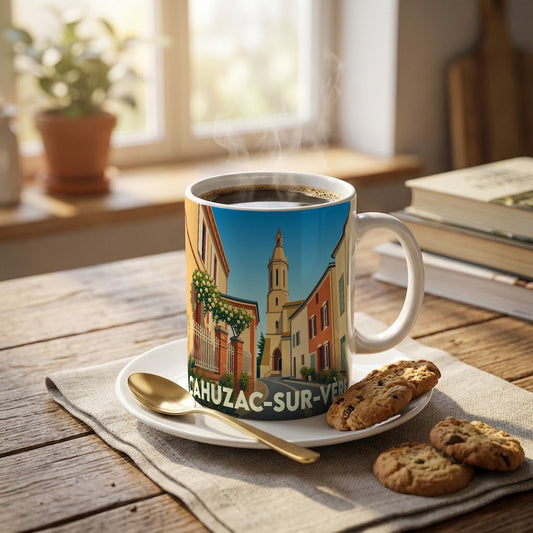 Mug souvenir de la ville de Cahuzac-sur-Vère orné d'une illustration stylisée de ses rues et de son clocher.