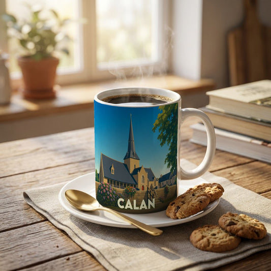 Mug souvenir de la ville de Calan avec une illustration stylisée d'une église sous un ciel bleu.