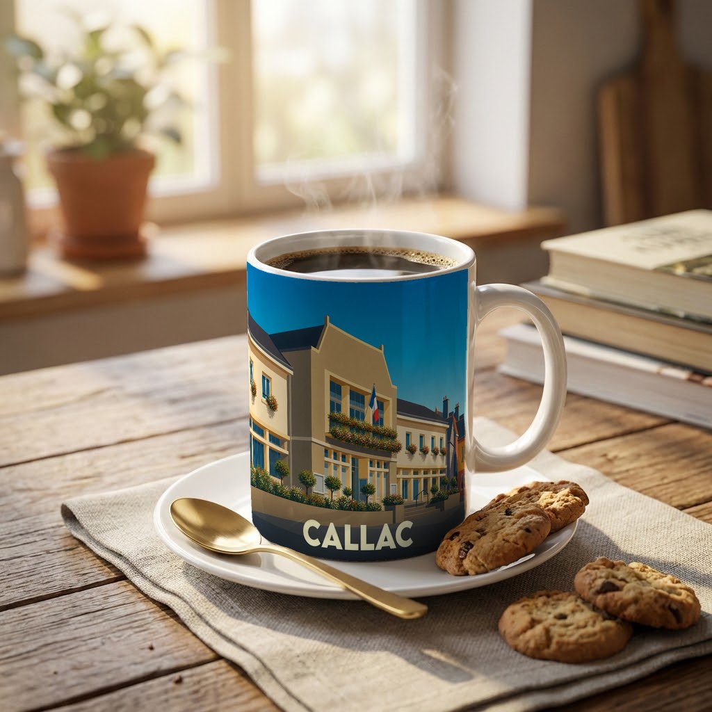 Mug souvenir de la ville de Callac illustré d'un dessin stylisé de sa mairie.