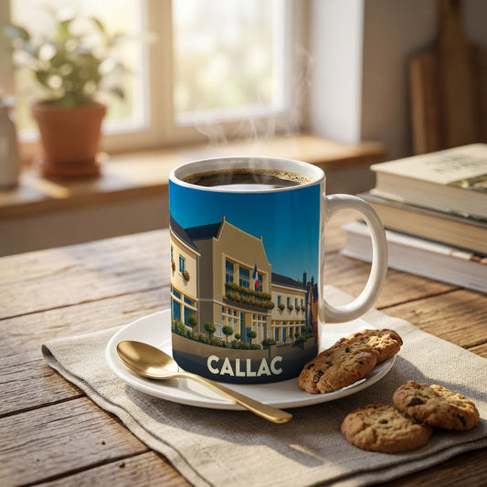 Mug souvenir de la ville de Callac illustré d'un dessin stylisé de sa mairie.