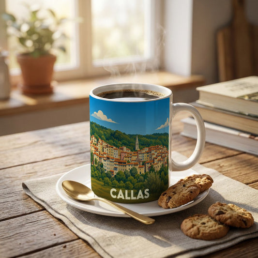 Mug souvenir de la ville de Callas orné d'une illustration stylisée d'un village provençal.