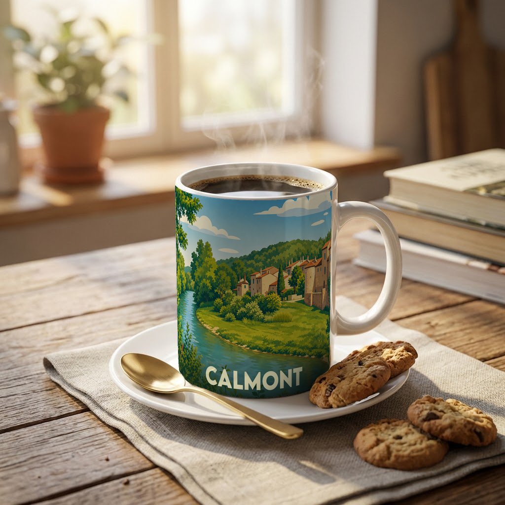 Mug souvenir de la ville de Calmont arborant une illustration paysagère stylisée avec une rivière et des maisons.