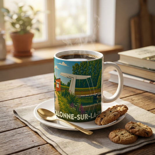 Mug souvenir de la ville de Calonne-sur-la-Lys avec une illustration colorée d'un pont levant et de la nature environnante.