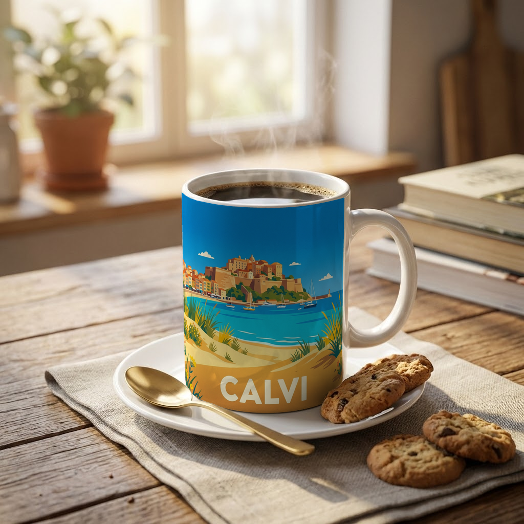 Mug souvenir de la ville de Calvi avec une illustration stylisée de son front de mer.
