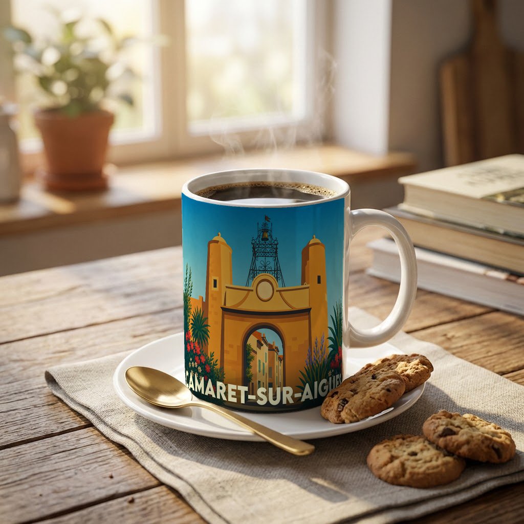 Mug souvenir de la ville de Camaret-sur-Aigues illustré d'une porte historique stylisée sous un ciel bleu.