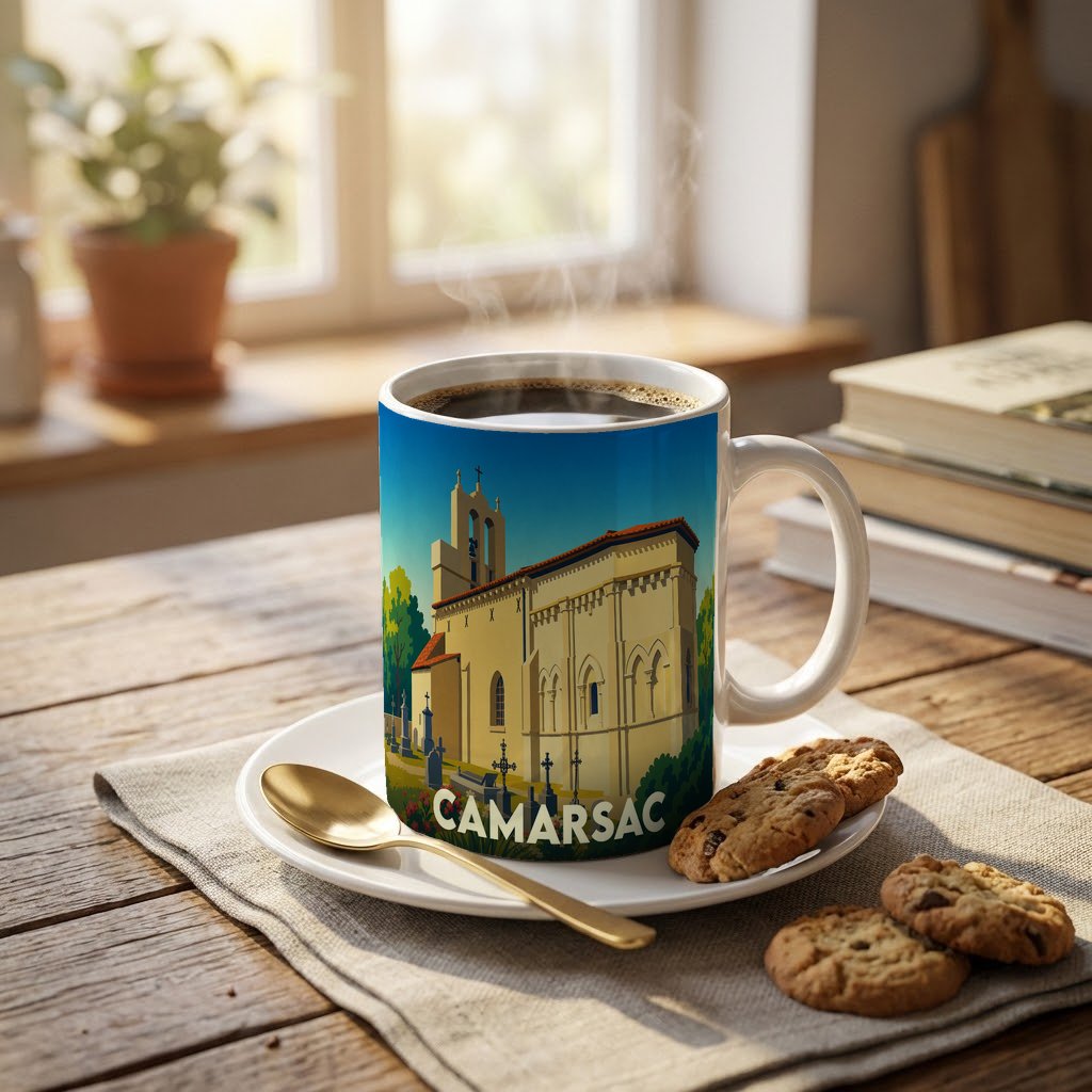 Mug souvenir de la ville de Camarsac avec une illustration stylisée de son église.