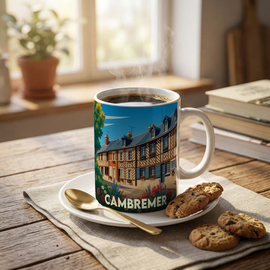 Mug souvenir de la ville de Cambremer avec une illustration stylisée de maisons à colombages normandes.