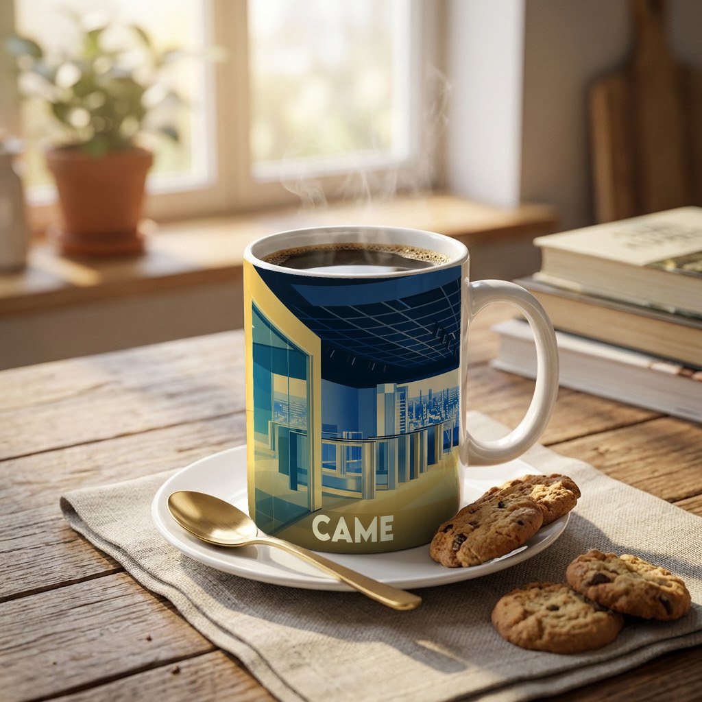 Mug souvenir de la ville de Came orné d'une illustration urbaine stylisée.