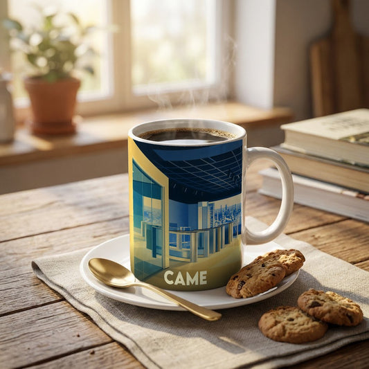 Mug souvenir de la ville de Came orné d'une illustration urbaine stylisée.