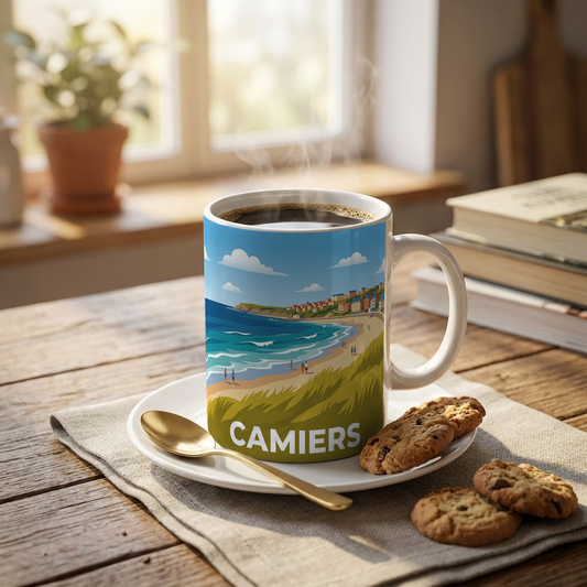 Mug souvenir de la ville de Camiers avec une illustration stylisée de son paysage côtier.