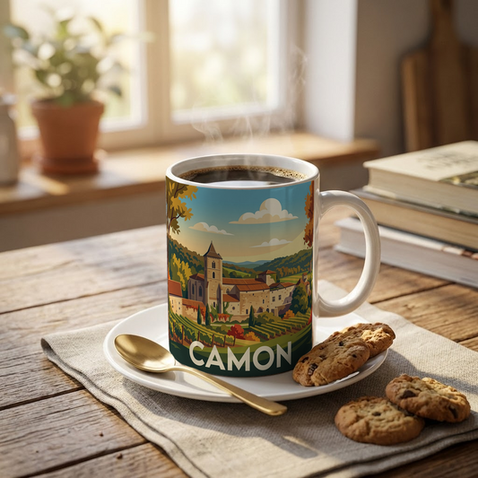 Mug souvenir de la ville de Camon avec une illustration stylisée de ses paysages.