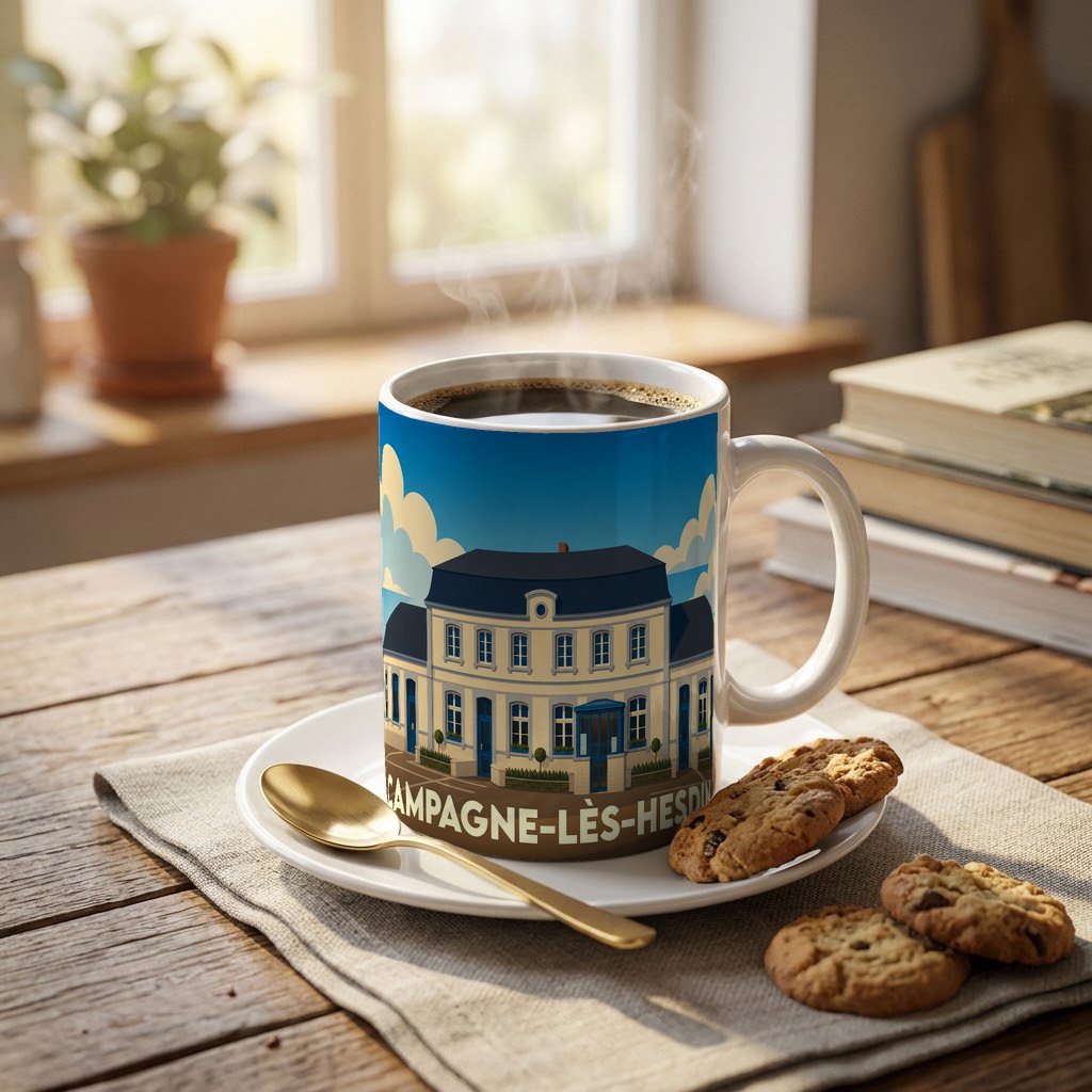 Mug souvenir de la ville de Campagne-lès-Hesdin avec une illustration stylisée d'un bâtiment remarquable.