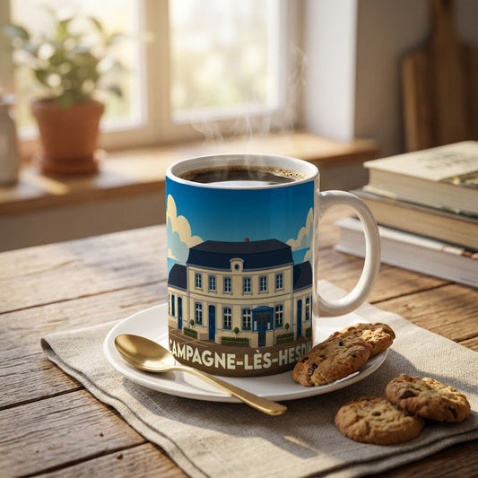 Mug souvenir de la ville de Campagne-lès-Hesdin avec une illustration stylisée d'un bâtiment remarquable.