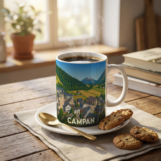 Mug souvenir de la ville de Campan orné d'une illustration panoramique stylisée de la commune et ses montagnes.