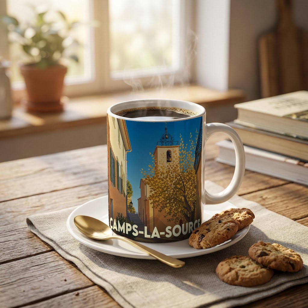 Mug souvenir de la ville de Camps-la-Source orné d'une illustration stylisée de son clocher provençal.