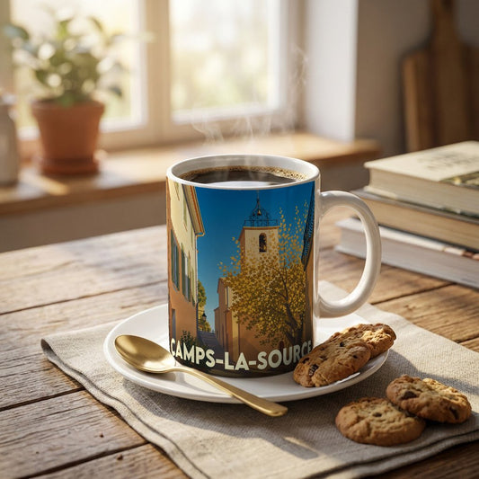 Mug souvenir de la ville de Camps-la-Source orné d'une illustration stylisée de son clocher provençal.