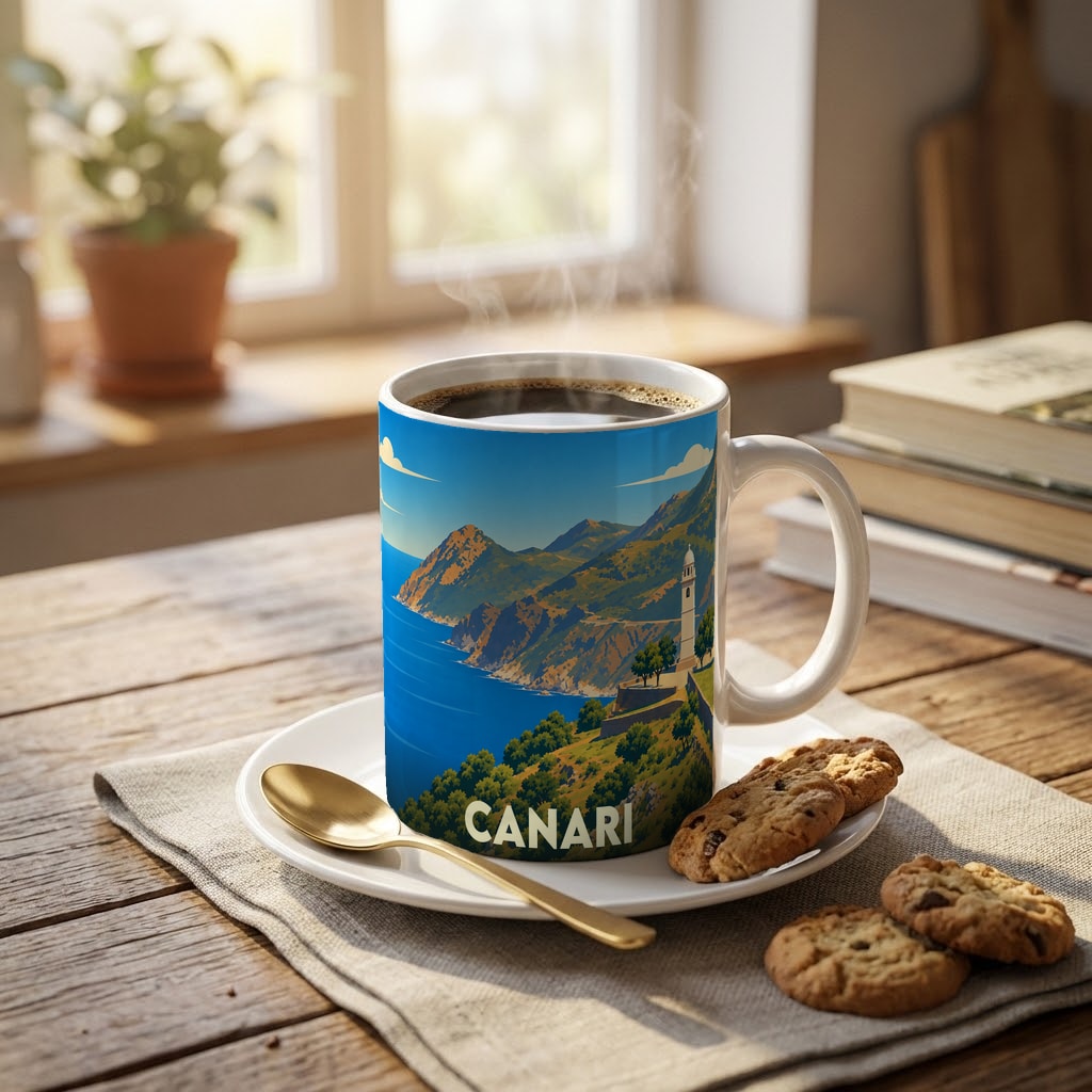 Mug souvenir de la ville de Canari orné d'une illustration stylisée de son paysage côtier.